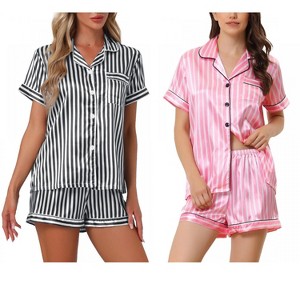 INSPIRE CHIC Women's 4 Pcs Striped Silky Satin Sleepwear Button-Up Shirt & Shorts 2025 Lounge Set - 1 of 4