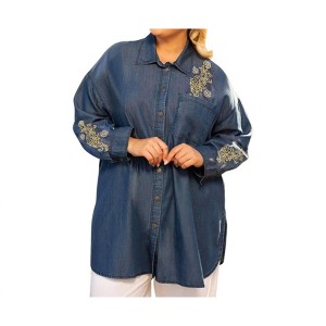 Women's Embroidered Long Sleeve Oversize Tunic - Plus - On The Plus Side - 1 of 3
