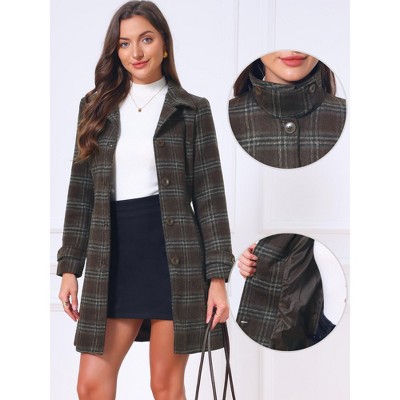 INSPIRE CHIC Women's Vintage Plaid Long Sleeve Stand Collar Belted Single Breasted Overcoat X-Small Brown — фото 2