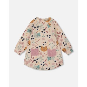 Deux par Deux Girl Glittering French Terry Dress Beige Printed Cat - 1 of 4