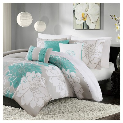 Jane Floral Duvet Cover Set (Full/Queen) Aqua - 6pc