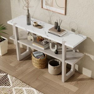 IHOMEADORE 54" Retro Narrow Console Table with Marble-Effect Top Entryway Table with Open Shelf TV Stands Consoles - 1 of 4