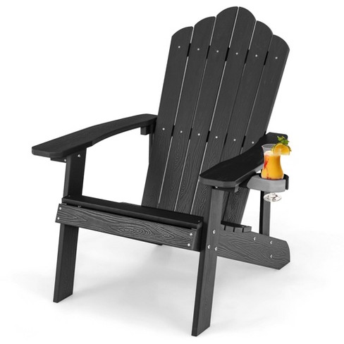 Tangkula Patio HIPS Outdoor Weather Resistant Slatted Chair Adirondack Chair w Cup Holder Black