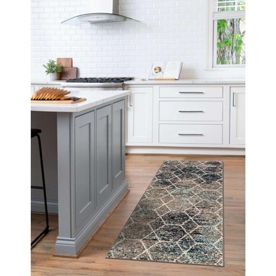Blue and Beige Geometric Trellis Synthetic Runner Rug