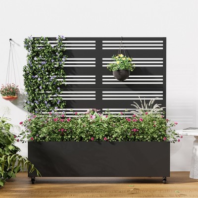 Wooakway Black Metal Planter Box with Trellis Raised Garden Bed with Arbor Privacy Screen with Wheels