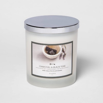 Lidded Milky Glass Jar Charcoal and Black Teak Candle - Threshold™