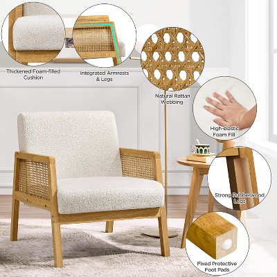 Ivory Boucle Fabric Accent Chair with Rattan Armrests and Wood Legs