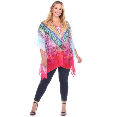 Women's Plus Size Animal Print Caftan with Tie-up Neckline - One Size Fits Most Plus - White Mark