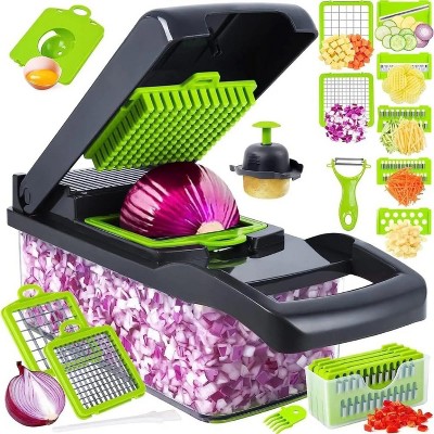 Attop 16-in-1 Vegetable Chopper and Slicer - Multi-Blade Food Dicer, Spiralizer, Grater and Cutter with Container - Black and Green