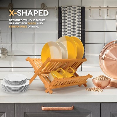 Natural Bamboo Foldable Dish Drying Rack with Cup Holder