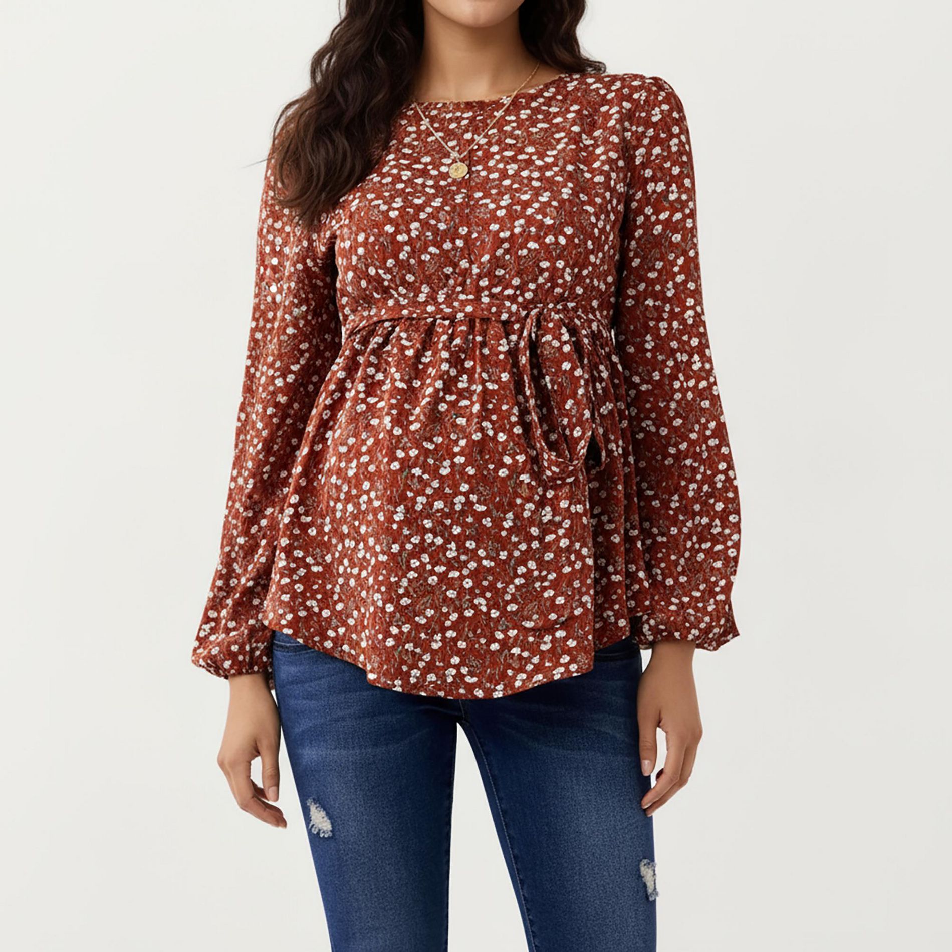 Anna-Kaci Women's Maternity Long Sleeve Floral Babydoll Top – Empire Waist Peplum Shirt - Medium, Brown
