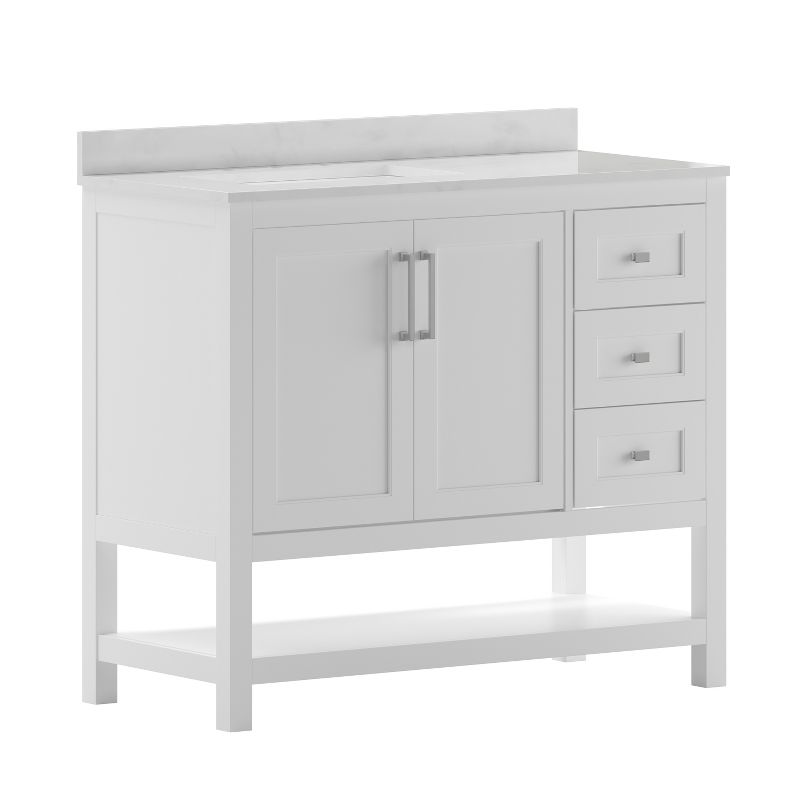 Merrick Lane Bathroom Vanity with Ceramic Sink, Carrara Marble Finish Countertop, Storage Cabinet with Soft Close Doors, Open Shelf and 3 Drawers, 1 of 13