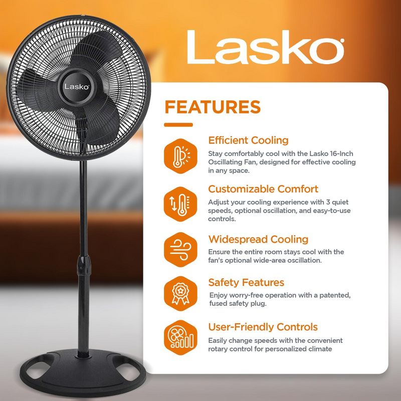 Lasko 16-inch 3-Speed Oscillating Floor Fan with Adjustable Height, Tilt-Back Head, Widespread Oscillation, and Patented Blue Plug Safety Fuse, Black, 2 of 7