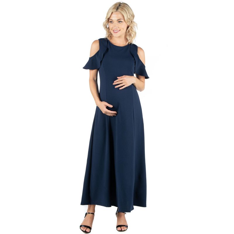 24seven Comfort Apparel Ruffle Cold Shoulder A Line Maternity Maxi Dress, 1 of 5