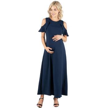 24seven Comfort Apparel Ruffle Cold Shoulder A Line Maternity Maxi Dress