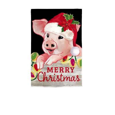 Evergreen Christmas Pig Garden Linen Flag