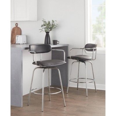 Demi 26" Black Faux Leather Swivel Counter Stools with Chrome Frame