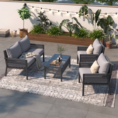4 Piece Patio Furniture Set, Outdoor Conversation Set for 4, Patio Bistro Set with Glass Top Coffee Table for Porch Balcony Garden Yard
