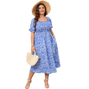 Womens Puff Sleeve Summer Floral Dress Plus Size Smocked Ruffle Square Neck Casual Dress Cute Midi Dress Blue Flower 3XL - 1 of 4