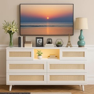 Rattan Dresser for Bedroom with Led Light and Charging Station, 6 Drawer Double Dressers, Modern Wooden Dresser Chest, Beside Table ,White - 1 of 4