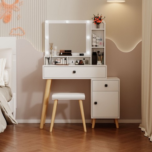 Dressing Table, Padded Stool Set, White, Wooden Cosmetic Table with Drawer and Storage Cabinet - image 1 of 4