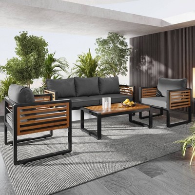 Nestfair 4pc Metal Frame Outdoor Patio Conversation Set with Acacia Wood Top and Cushions Gray