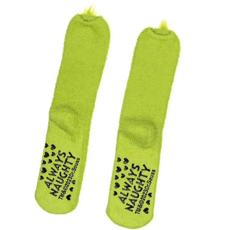 Dr. Seuss The Grinch Socks Always Naughty Plush Slipper Socks For Women or Men Green, 3 of 5