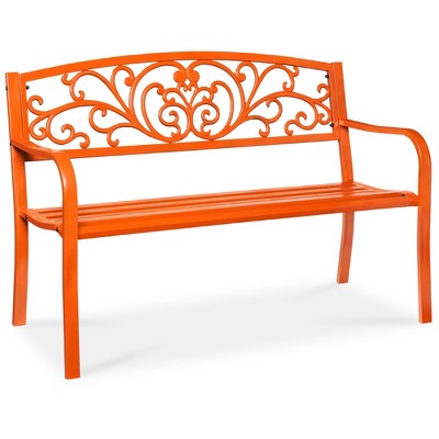 Best Choice Products Outdoor Steel Bench Garden Patio Porch Furniture w/ Floral Design Backrest - Carrot