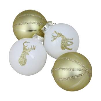 Northlight 4ct Striped Deer Glass Ball Christmas Ornament Set 3.5” - Champagne Gold/White