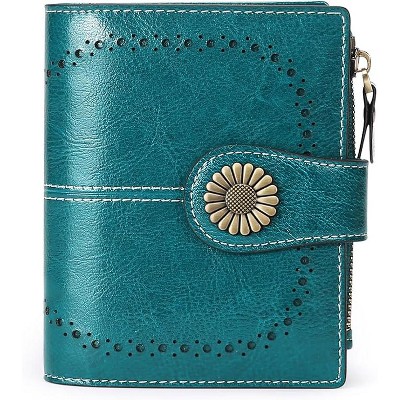 Hachikiko Small Bifold Wallet - Vegan Leather RFID Blocking Card Holder with Zipper Coin Pocket, Compact & Roomy,Green