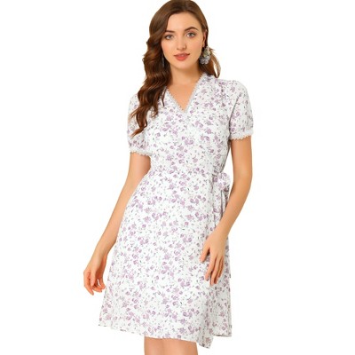 INSPIRE CHIC Women's V Neck Short Sleeve Knee Length Floral Print Wrap Dress