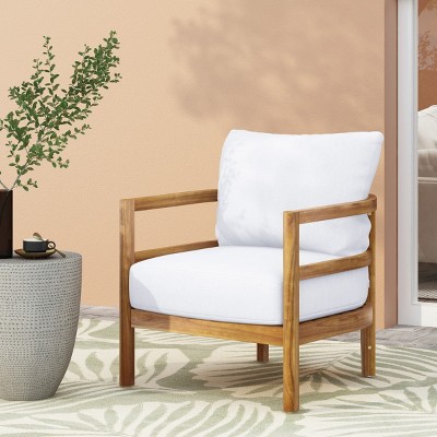 Coolbibila 1 Piece Outdoor Acacia Wood Patio Club Chair,Wooden Patio Garden Arm Chairs With Waterproof Thick Cushion And Slatted Backrest