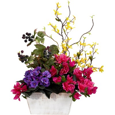 Nearly Natural Mixed Floral with Azalea & White Wash Planter Silk Arrangement