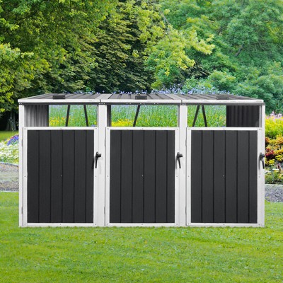 VYNXARIA Garbage Bin Shed Stores 3 Trash Cans Metal Outdoor Bin Shed for Garbage Storage,Grey