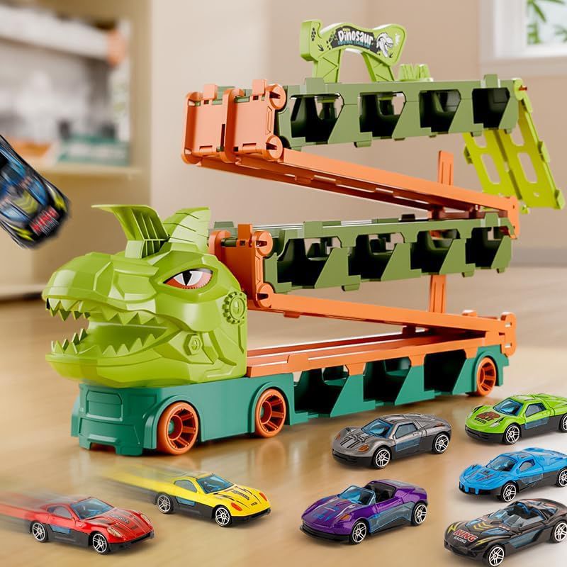 KOVOT Dinosaur Truck Racing Playset - 20" Storage Truck with 6.5-Foot Foldable Racetrack & 8 Alloy Raceing Cars, 2 of 7