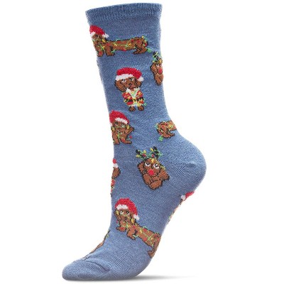 Memoi Women's Lit Dachshund Christmas Crew Socks Denim Heather 9-11
