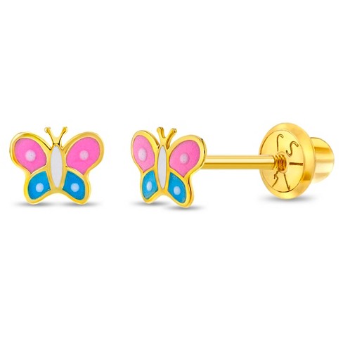 Girls Two Tone Colorful Butterfly Screw Back 14k Gold Earrings In Season Jewelry