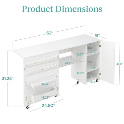 Compact White Folding Sewing and Craft Table with Storage and Caster Wheels