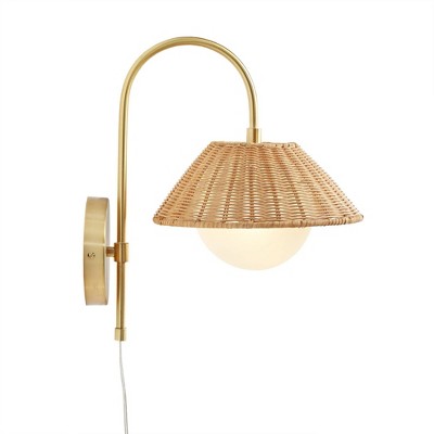 Gold Iron Wall Sconce with Rattan Shade and Frosted Globe