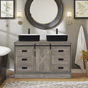 ELECWISH Bathroom Vanities, 48'' Barn Door Farmhouse Bathroom Vanity Cabinet with 6 Drawers, Standing Bathroom Vanity Set - 1 of 4