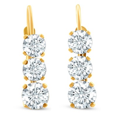 Pompeii3 1 1/2Ct 3-Stone Diamond Leverback Hoops Women's Earrings 14k Gold 1/2" Tall Lab