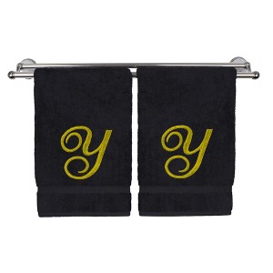 BC BARE COTTON Monogrammed Hand Towel, 100% Turkish Cotton - Set of 2 - Black - Gold Script - 1 of 4