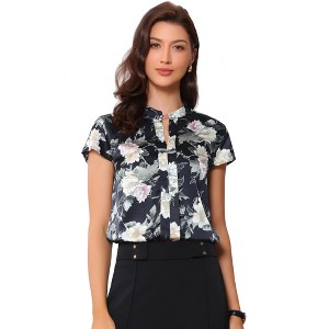 INSPIRE CHIC Women's Satin Stand Collar Work Cap Sleeve Floral Blouse - 1 of 4