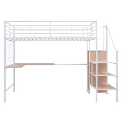 Bellemave Full Size Metal Loft Bed with Desk and Metal Grid, Stylish Metal Frame Bed with Lateral Storage Ladder and Wardrobe, White