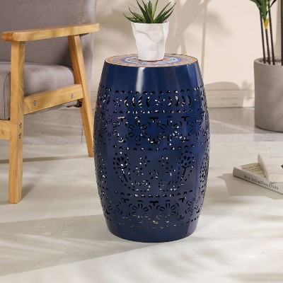 CAVINAS Flower Patten Ceramic Tile Outdoor Patio End Table,Waterproof Small Side Table for Patio,Garden,Balcony