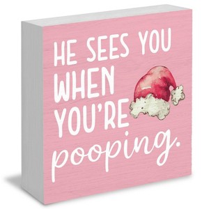 Funny Christmas Bathroom Wooden Box Signs, Christmas Funny Bathroom Decor, He Sees You When You're Pooping Pink - 1 of 4