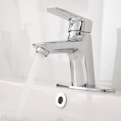 Polished Chrome Single Hole 1-Handle Bathroom Faucet with Deck Plate