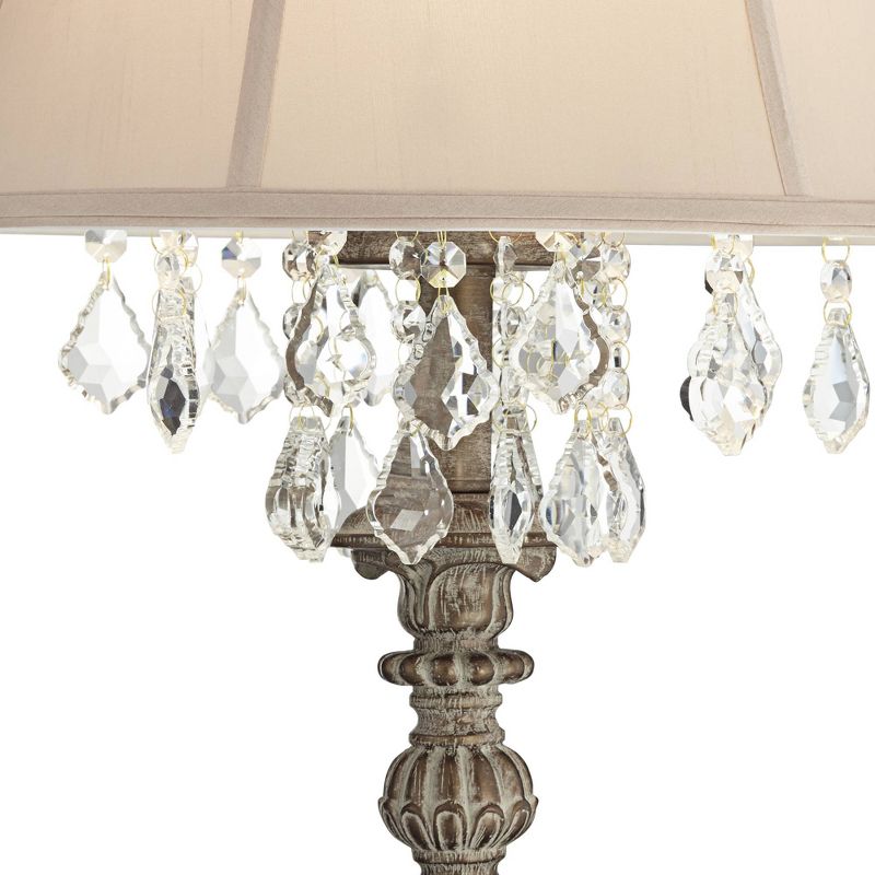 Barnes and Ivy Duval Traditional Table Lamp 34" Tall Distressed Antique White Candlestick Crystal Beige Fabric Bell Shade for Bedroom Living Room Home, 3 of 10