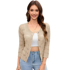 Clearlove Women's 3/4 Sleeve Knit Cardigan Summer Lightweight Button Down Sweater Crochet Bolero Shrugs - 1 of 4