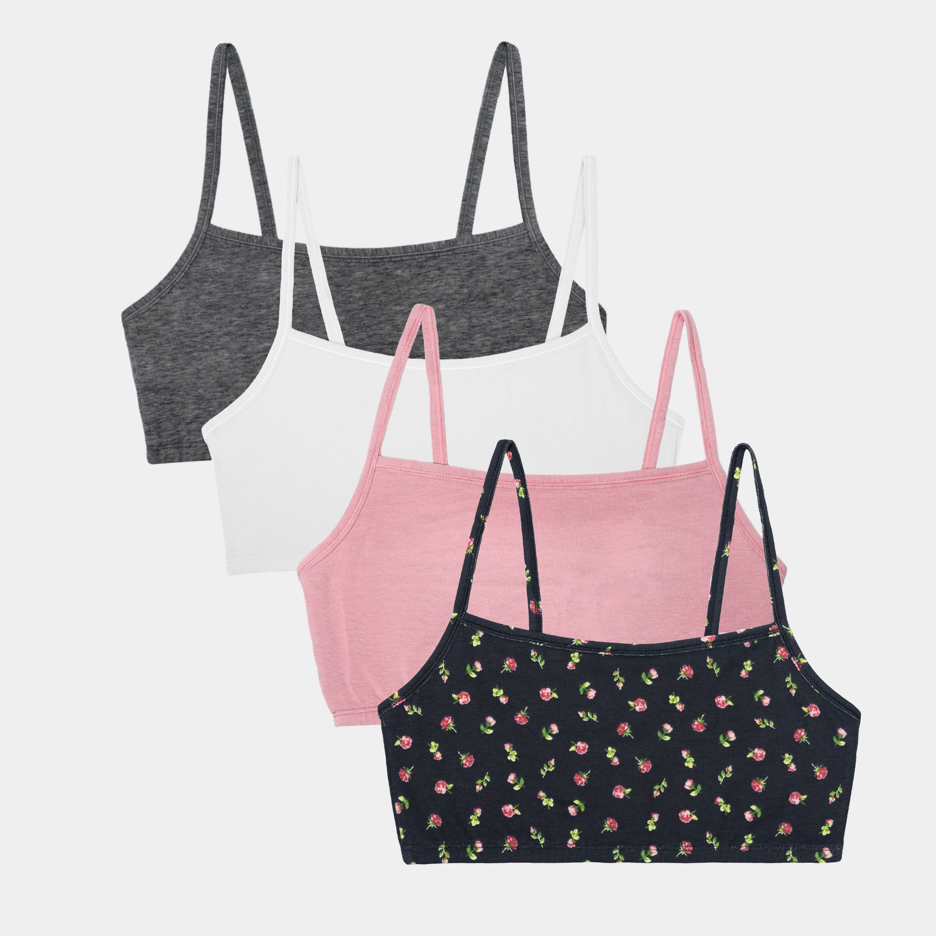 Fruit of the Loom Women's Spaghetti Strap Cotton Sports Bra 4-Pack Dancing Rosebuds/Lilas/White/Grey 40
